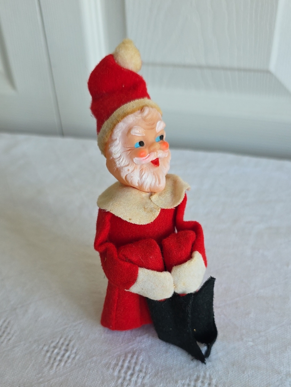 Vintage Red and Cream Santa Holiday Knee Hugger Jingle Chime Figurine